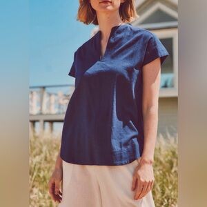 Leallo Sea Cliff Navy V Neck Cotton Linen Blend Tunic Top Size L EUC